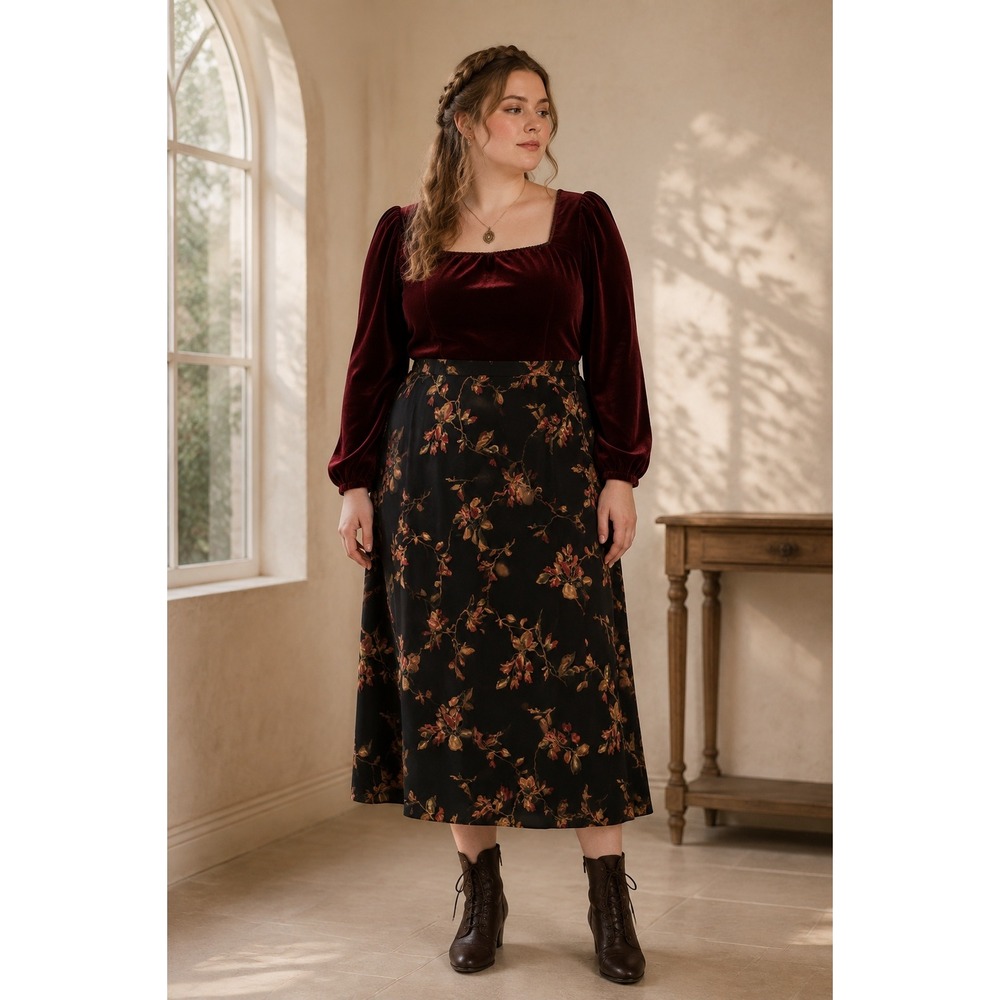 Boho Cottagecore Y2K 90s Whimsigoth Black Red Tan Vintage Floral 16 Midi Skirt